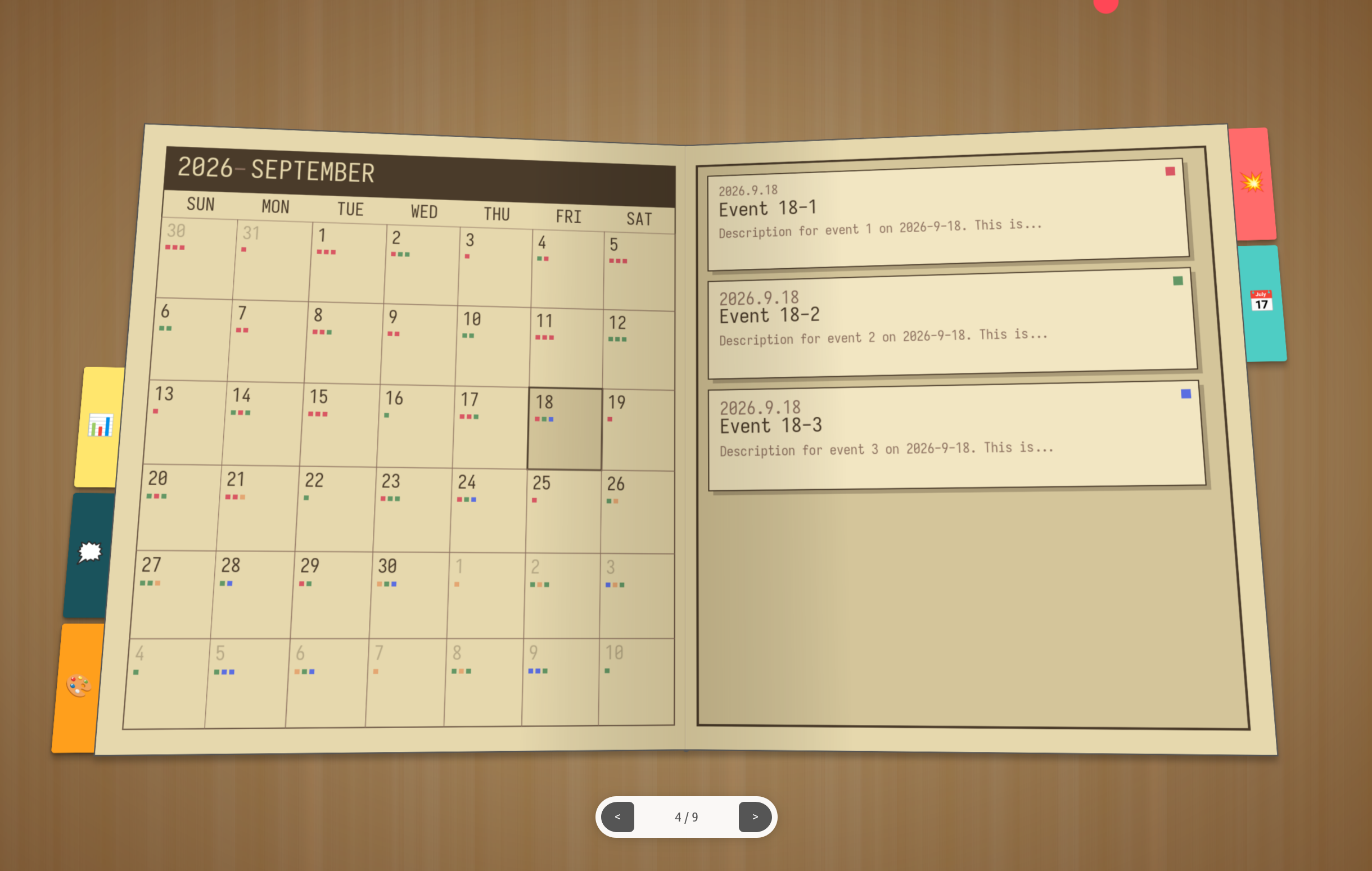 Oasis daily narrative book prototype showing calendar tracking and triadic event records