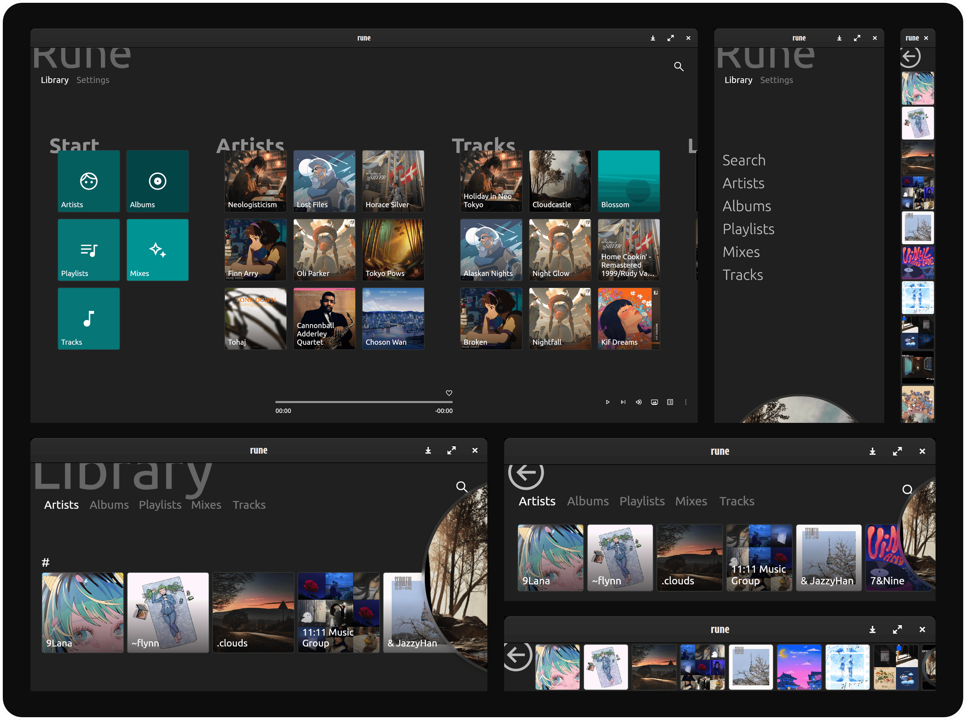 Layered Rune UI screenshots, library view, now-playing view with neumorphic controls, and settings
